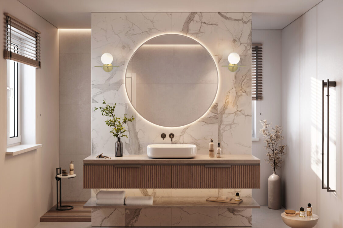 Digitally generated image of a luxury bathroom with marble tiles