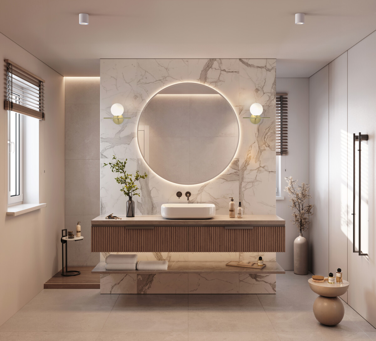 Digitally generated image of a luxury bathroom with marble tiles