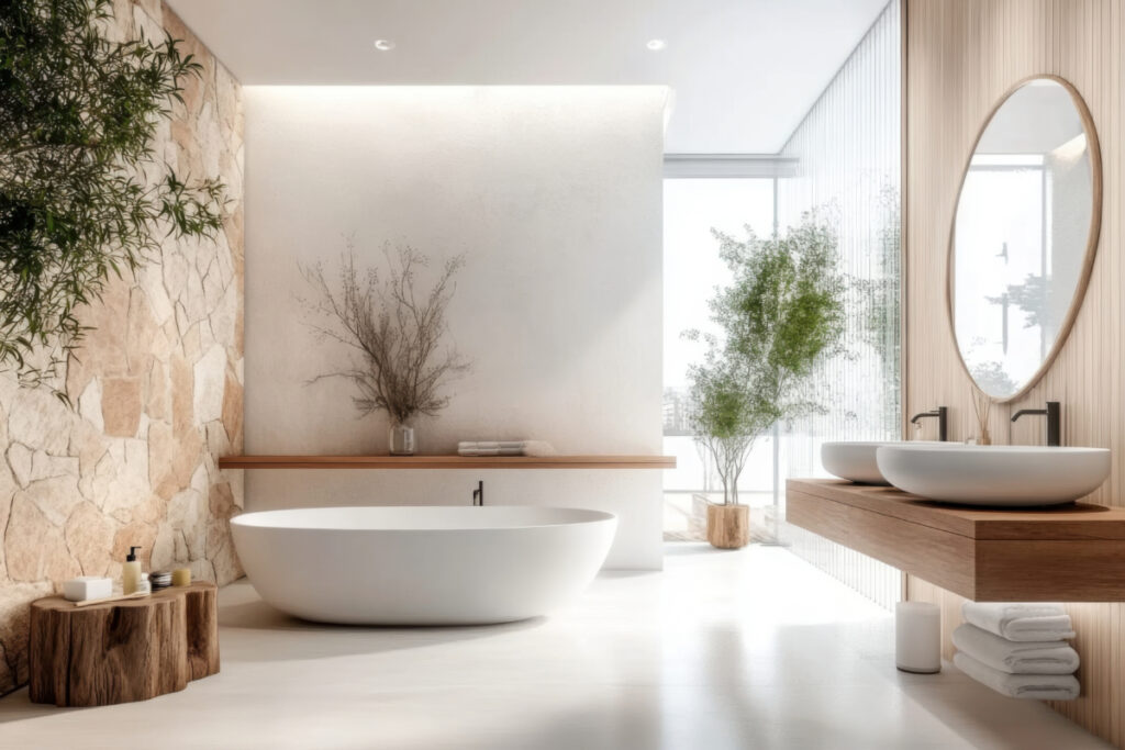 White_Interior_design of modern bathroom_with_sandstone_wall