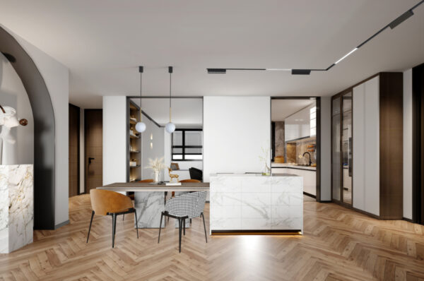 3d render of apartment interior living and dining room