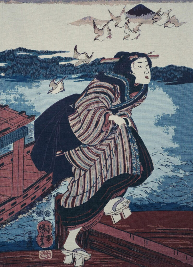 Orientalny gobelin inspirowany japońskim drzeworytem ukiyo-e – kobieta, fale i góry