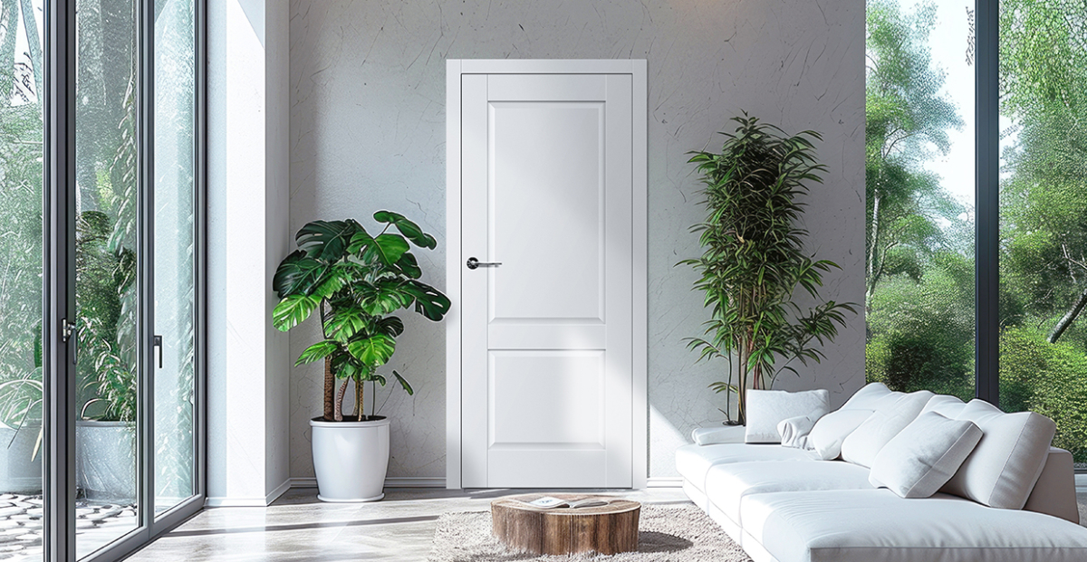 White front door in a modern interior, in light colors. Interior