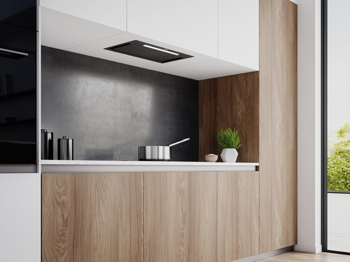 mała kuchnia z okapem w zabudowie