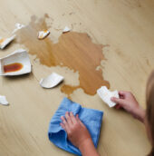 A broken cup of coffee fell on laminate, coffee spilled on floor.